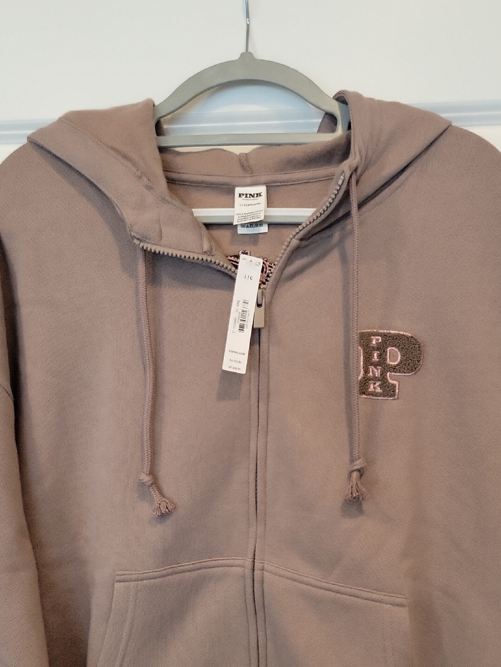 PINK Victoria's Secret Ivy Fleece Campus Full Zip Hoodie Taupe Brown Large NWT - Picture 7 of 11
